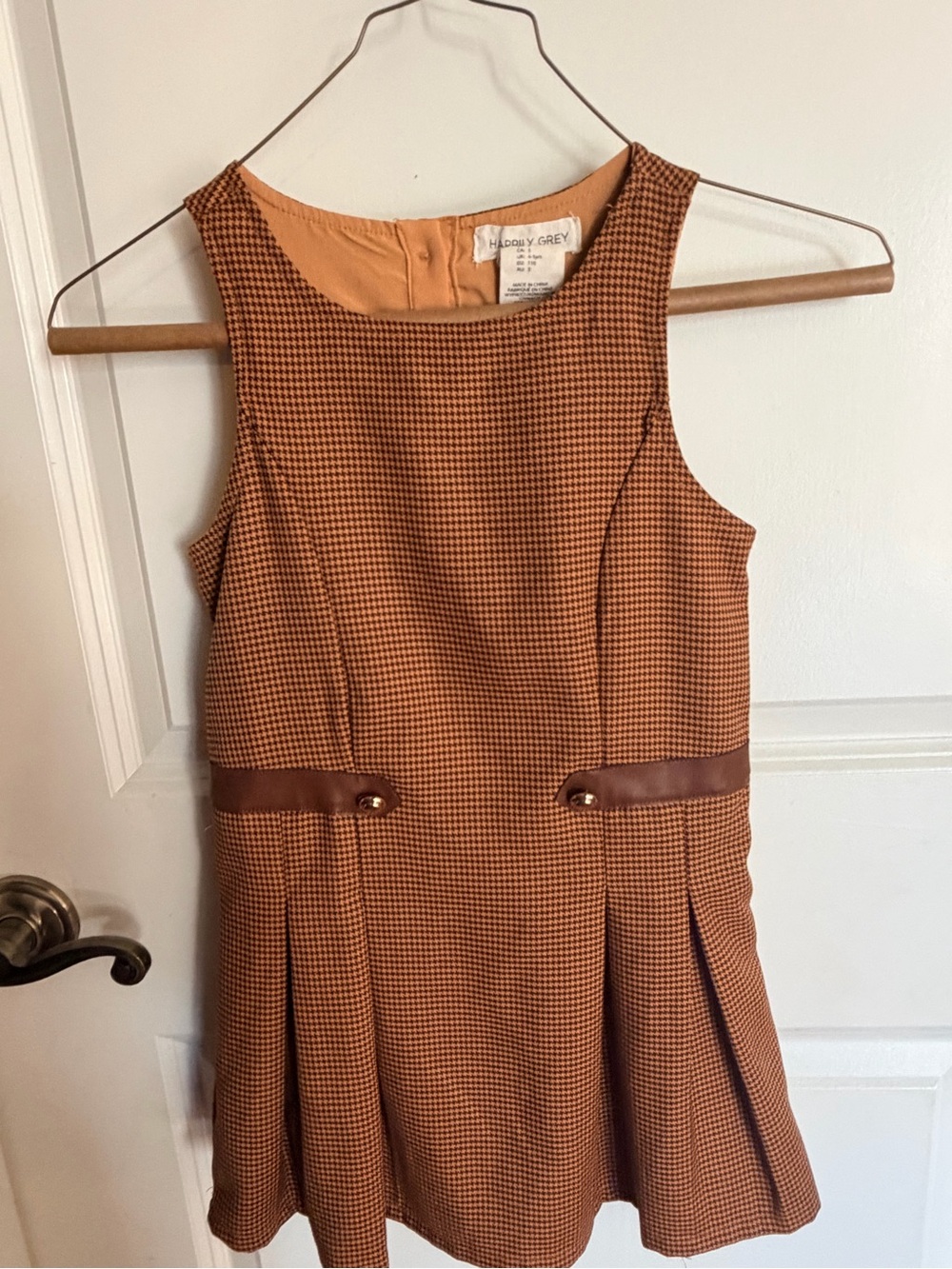 Girls' Brown Houndstooth Sleeveless Casual Dress with Faux-Leather Trim